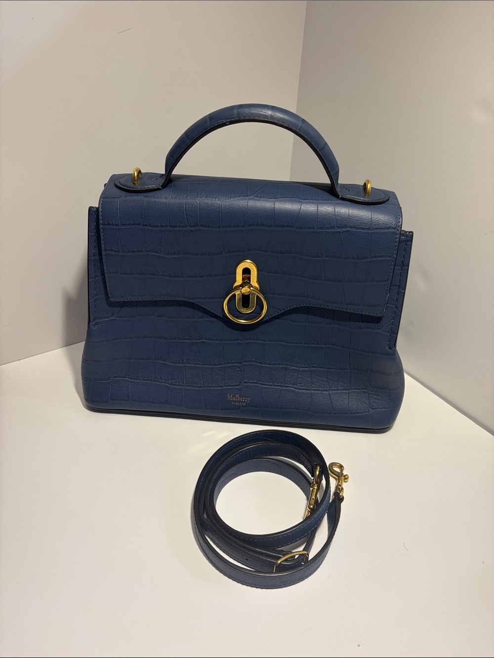 Mulberry Blue Croc-Embossed Top Handle Satchel with Gold Hardware